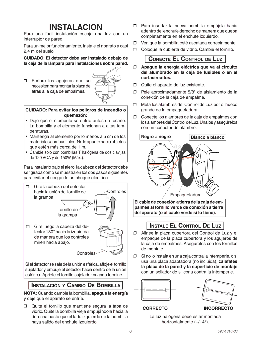 Desa 5511 manual Instalacion, Instalación Y Cambio DE Bombilla, Conecte EL Control DE LUZ, Instale EL Control DE LUZ 