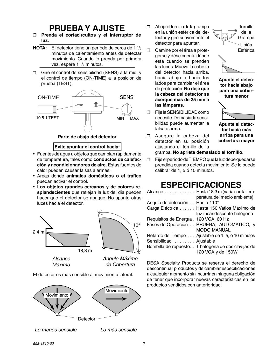 Desa 5511 manual Prueba Y Ajuste, Especificaciones, Alcance, Máximo De Cobertura, Lo menos sensible 