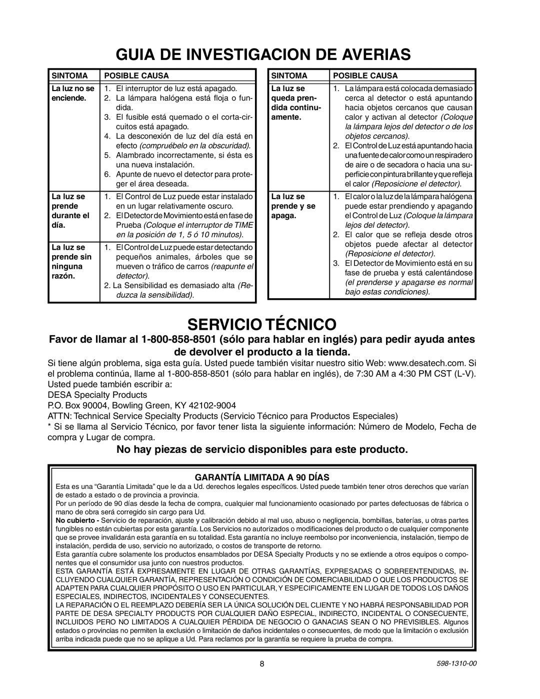 Desa 5511 Guia DE Investigacion DE Averias, Servicio Técnico, No hay piezas de servicio disponibles para este producto 