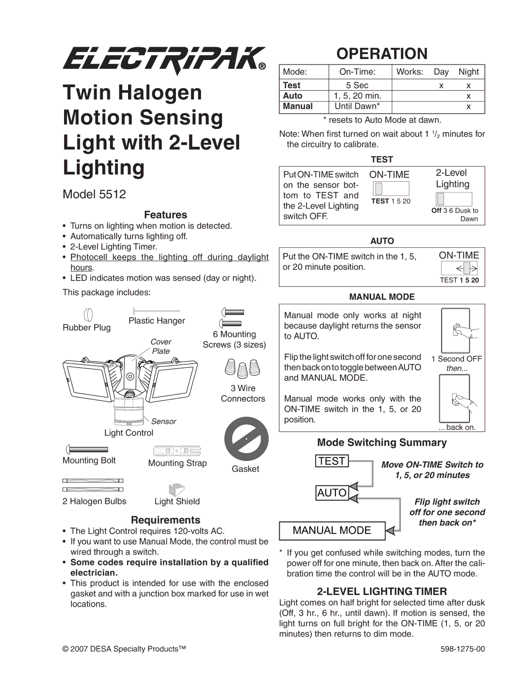 Desa 5512 manual Operation, Model, Level Lighting Timer 