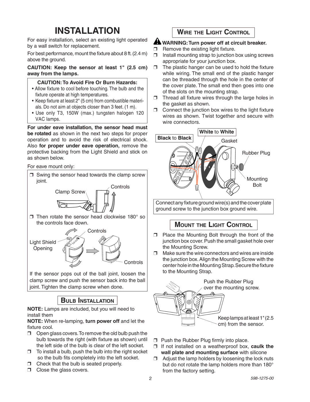 Desa 5512 manual Bulb Installation, Wire the Light Control, White to White Black to Black, Mount the Light Control 