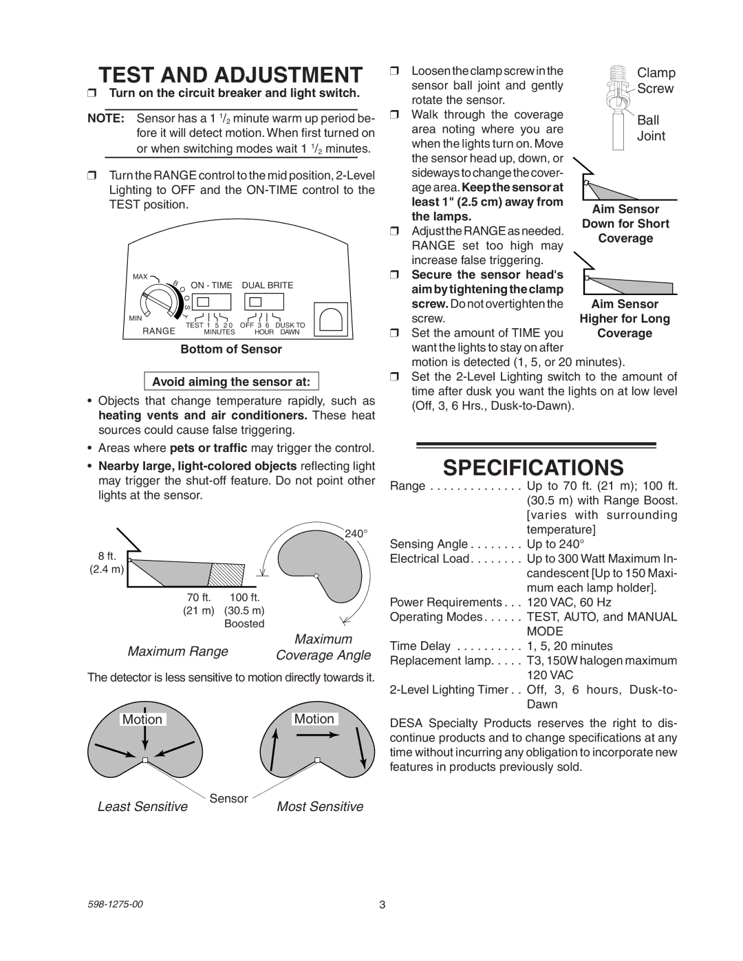 Desa 5512 manual Test and Adjustment, Specifications, Maximum Range, Least Sensitive 