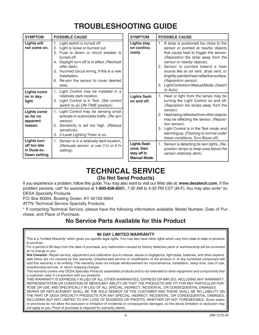 Desa 5512 Troubleshooting Guide, Technical Service, No Service Parts Available for this Product, Do Not Send Products 