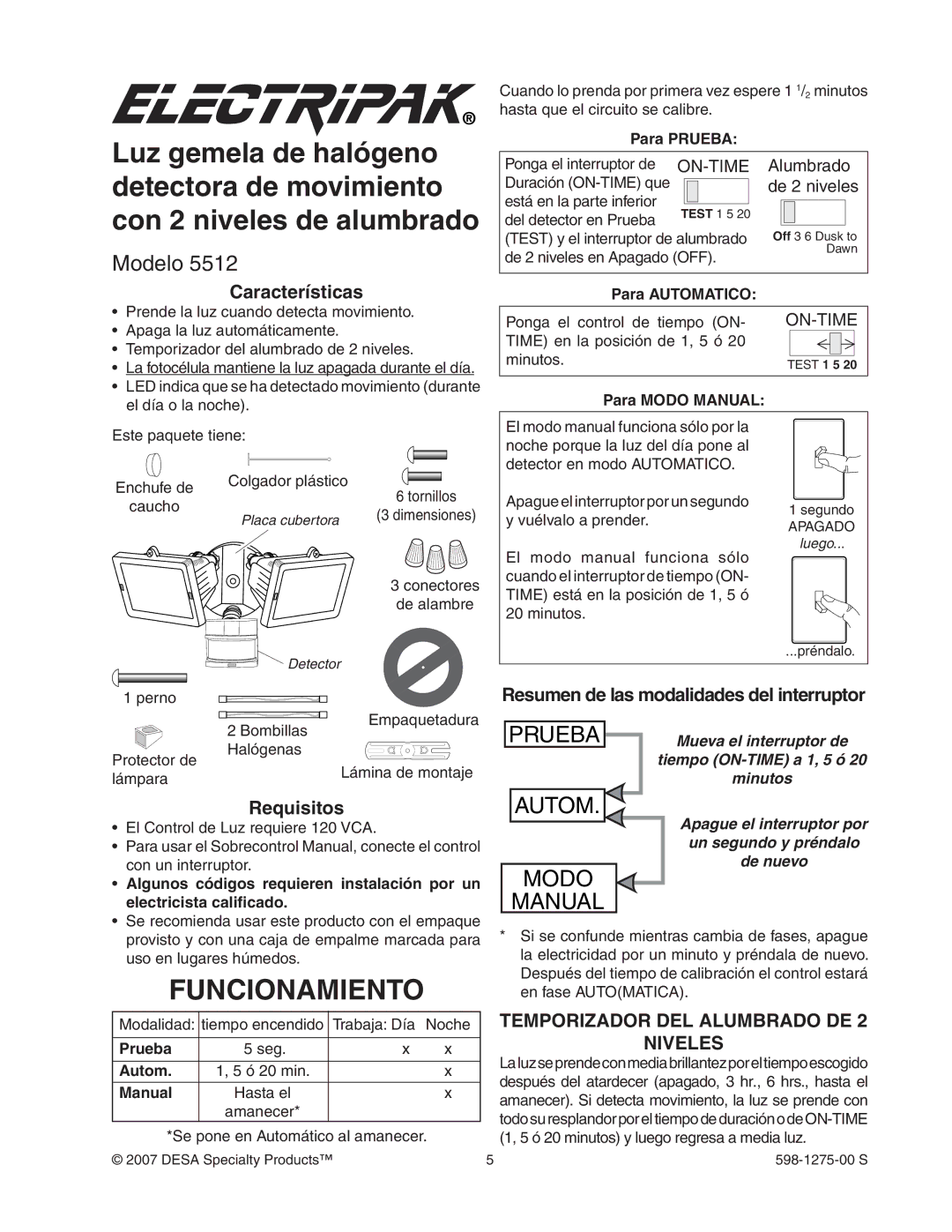 Desa 5512 manual Funcionamiento, Modelo, Temporizador DEL Alumbrado DE Niveles 