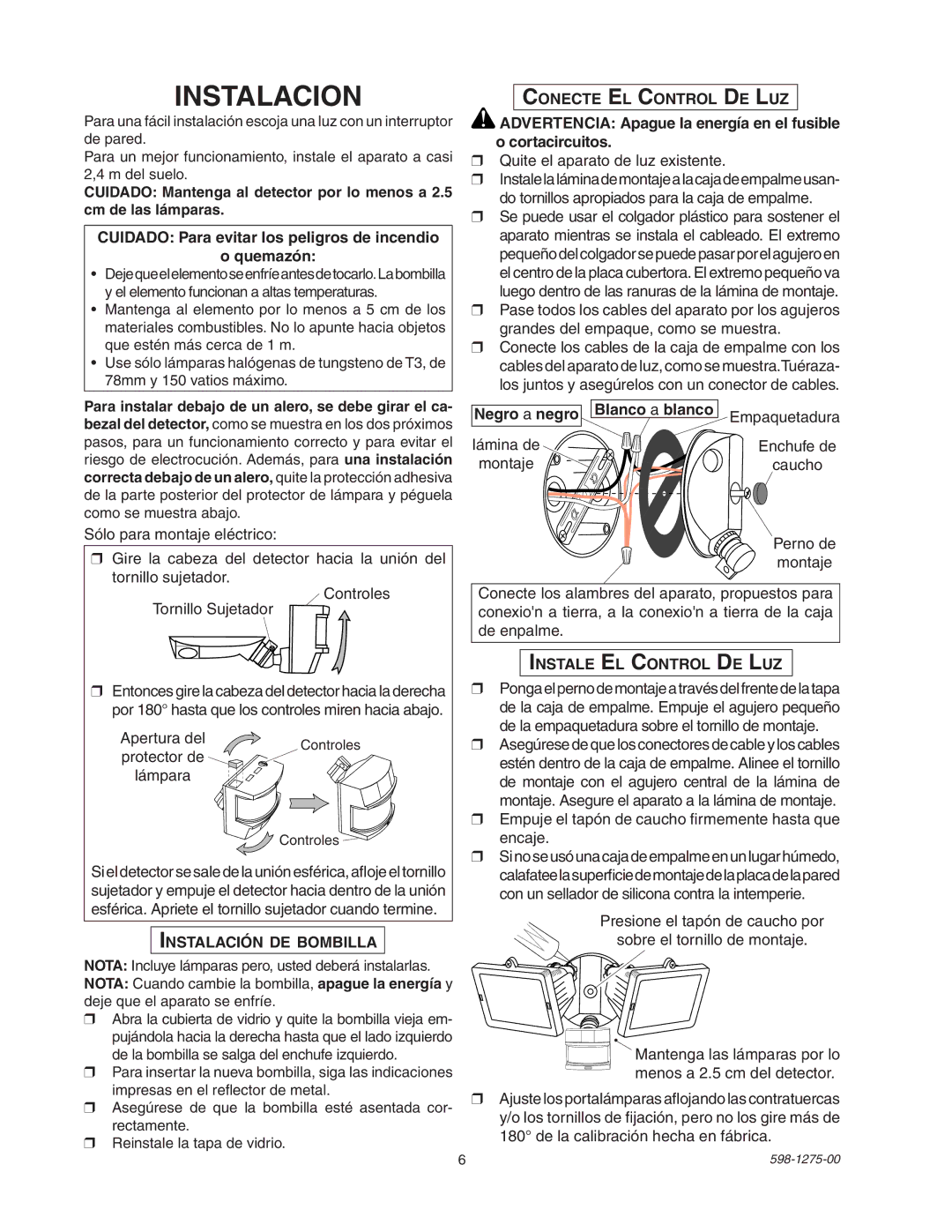 Desa 5512 manual Instalacion, Instalación DE Bombilla, Conecte EL Control DE LUZ, Instale EL Control DE LUZ 