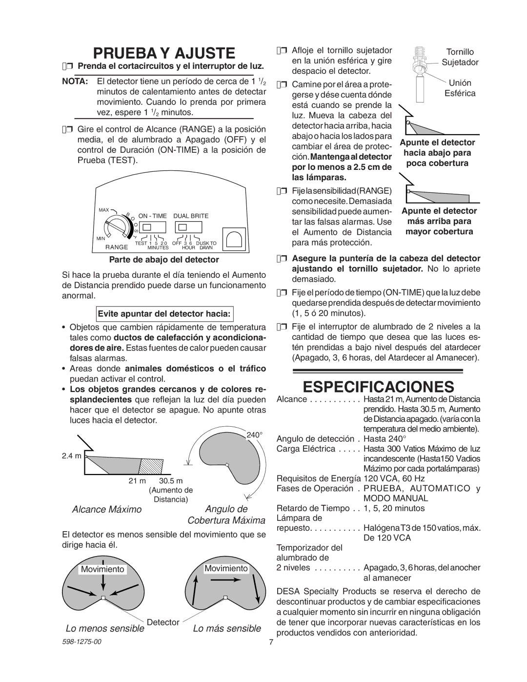 Desa 5512 manual Prueba Y Ajuste, Especificaciones, Alcance Máximo Angulo de Cobertura Máxima, Lo menos sensible Detector 