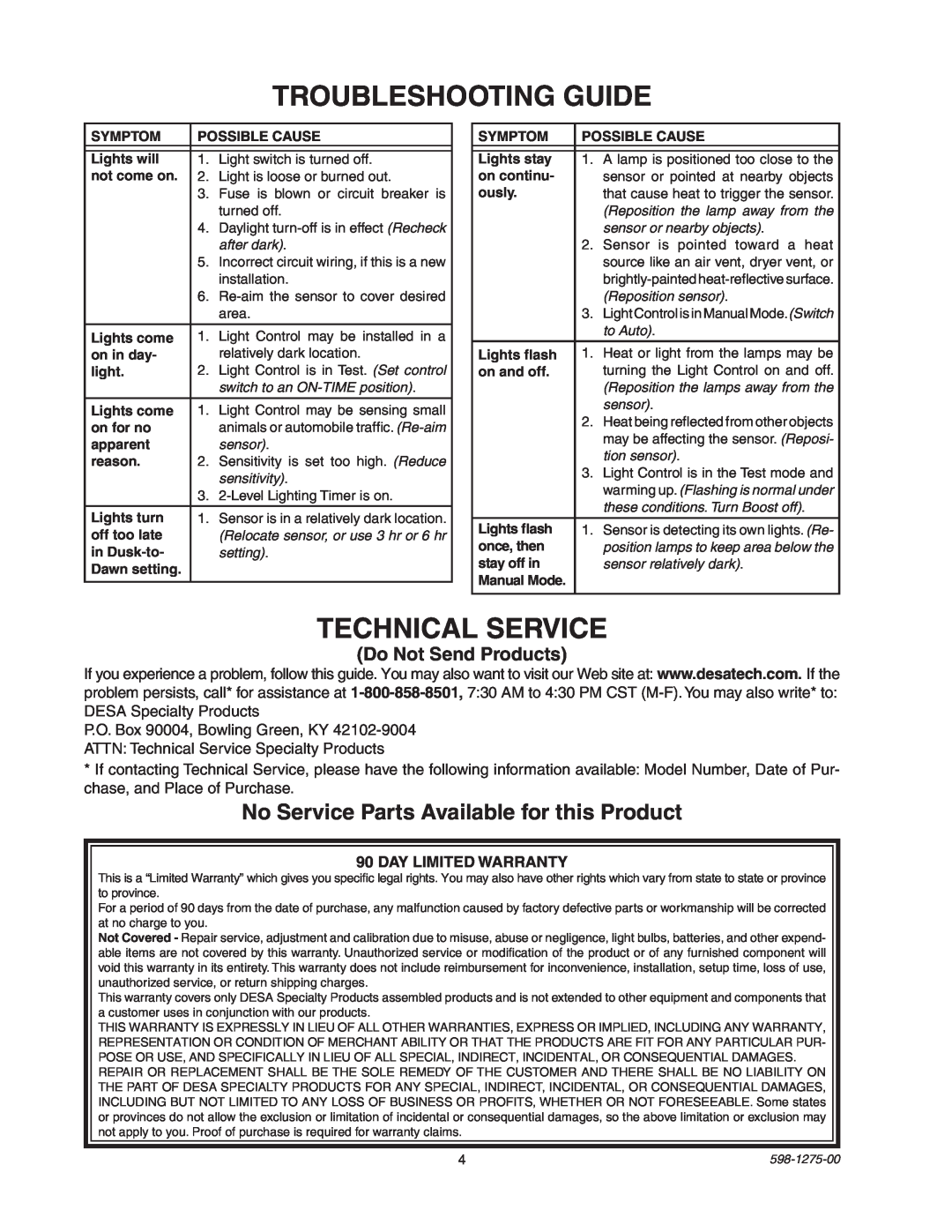 Desa 5512 Troubleshooting Guide, Technical Service, No Service Parts Available for this Product, Do Not Send Products 