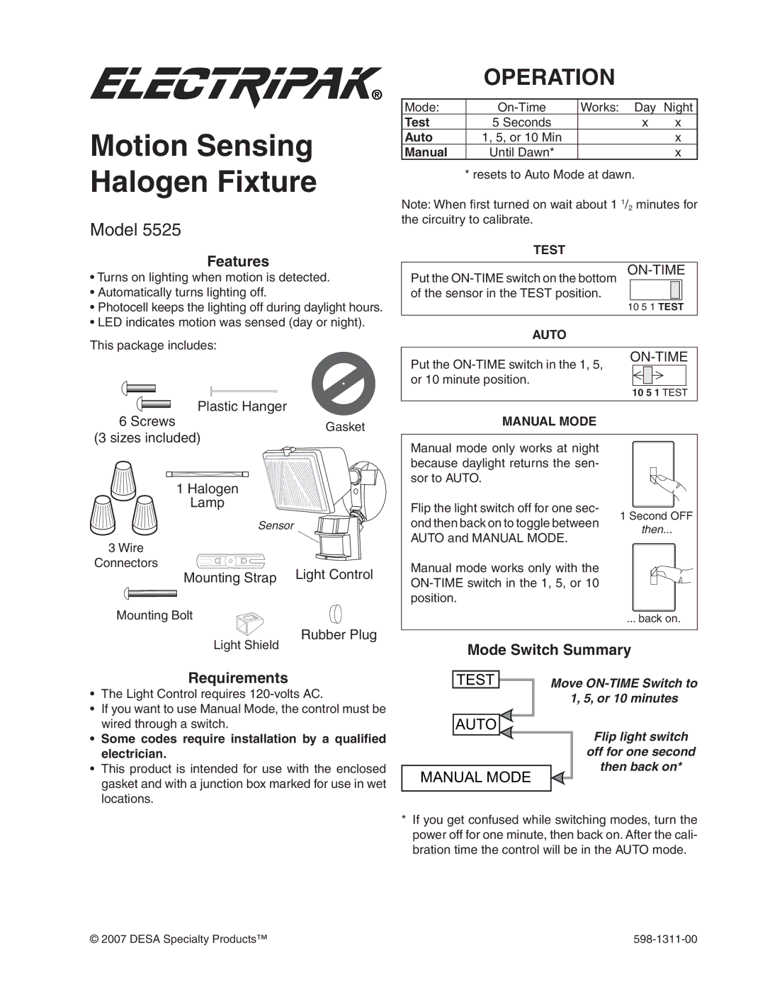 Desa 5525 manual Motion Sensing Halogen Fixture, Operation, Features, Requirements 