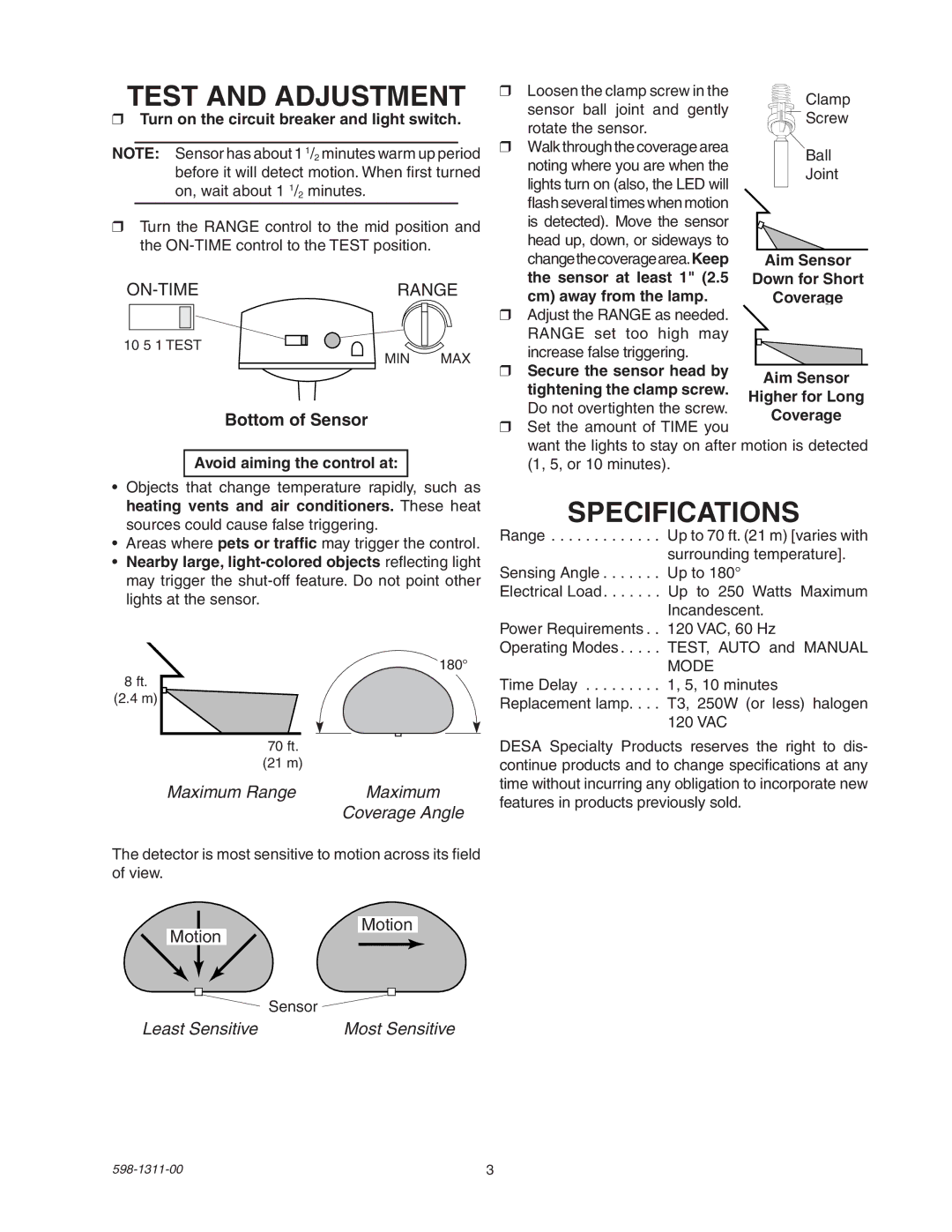 Desa 5525 manual Test and Adjustment, Specifications, Bottom of Sensor, Maximum Range, Least Sensitive 