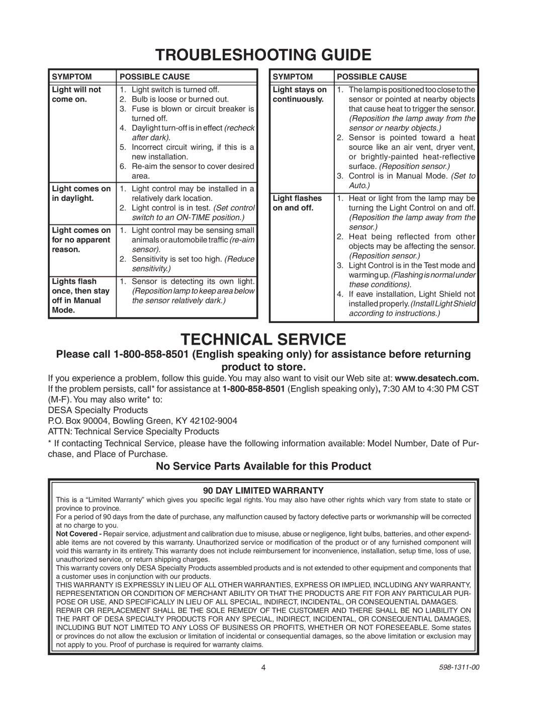 Desa 5525 Troubleshooting Guide, Technical Service, No Service Parts Available for this Product, DAY Limited Warranty 