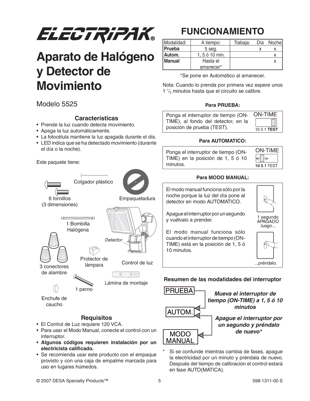 Desa 5525 manual Aparato de Halógeno y Detector de Movimiento, Funcionamiento, Características, Requisitos 