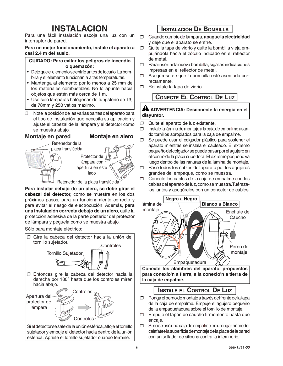 Desa 5525 manual Instalacion, Montaje en pared Montaje en alero, Instalación DE Bombilla, Conecte EL Control DE LUZ 