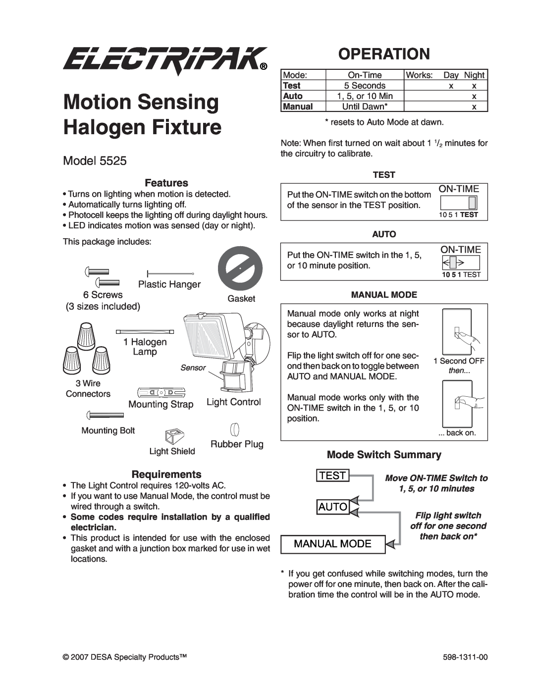 Desa 5525 manual Motion Sensing Halogen Fixture, Operation, Model, Mode Switch Summary, Test, Auto, Manual Mode, On-Time 