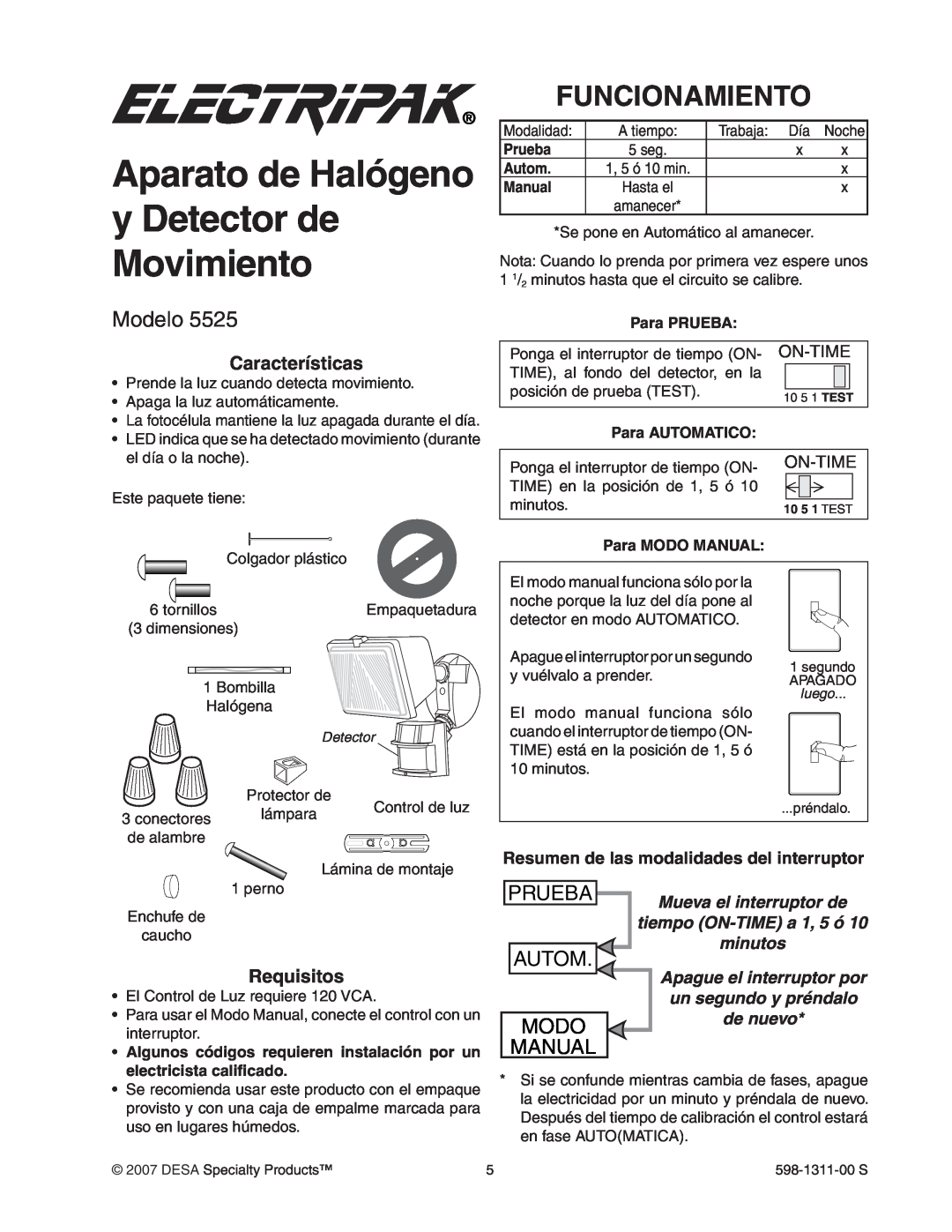 Desa 5525 manual Aparato de Halógeno y Detector de Movimiento, Funcionamiento, Modelo, Prueba, Autom Modo Manual, On-Time 