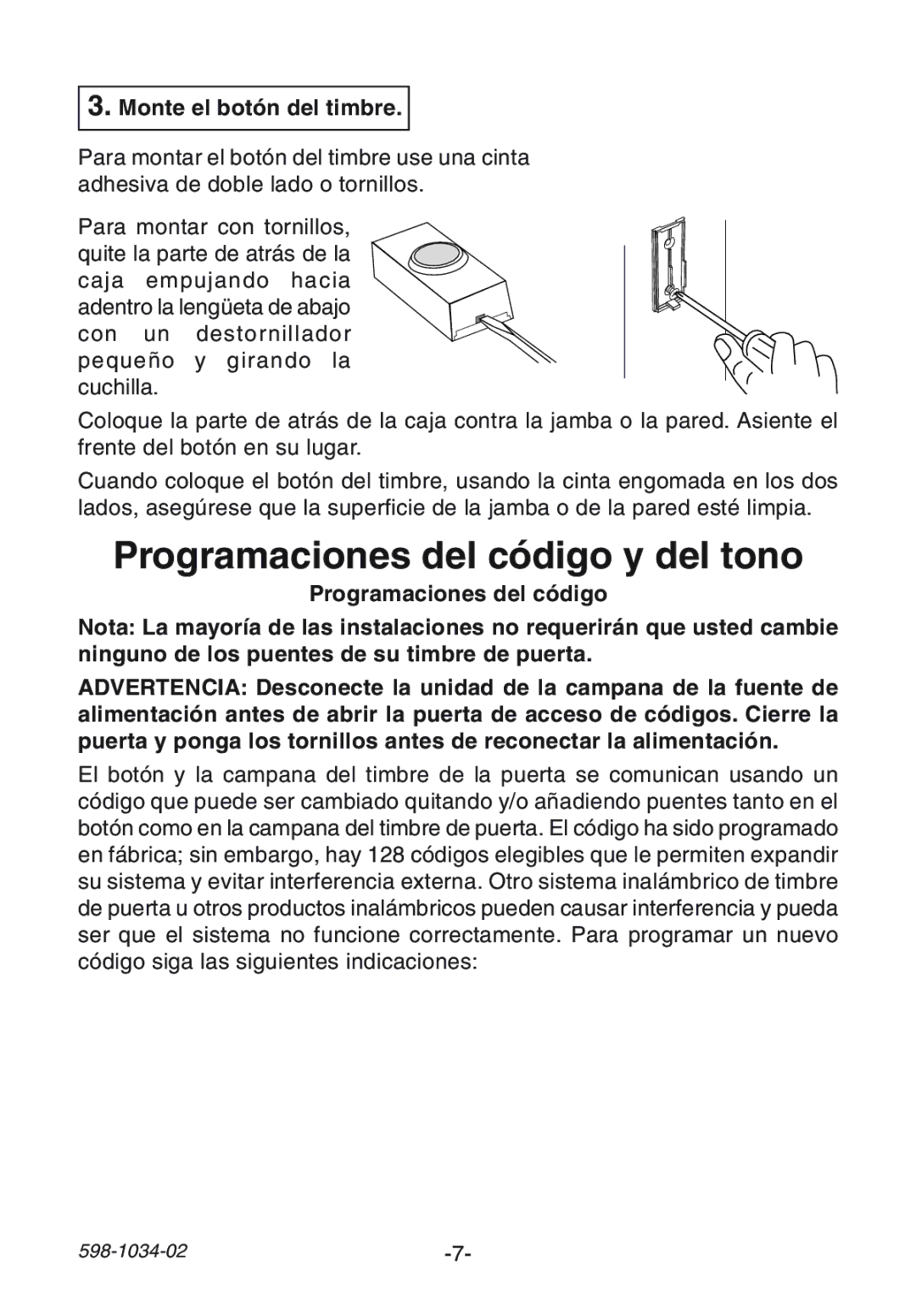 Desa 598-1034-02 manual Programaciones del código y del tono, Monte el botón del timbre 