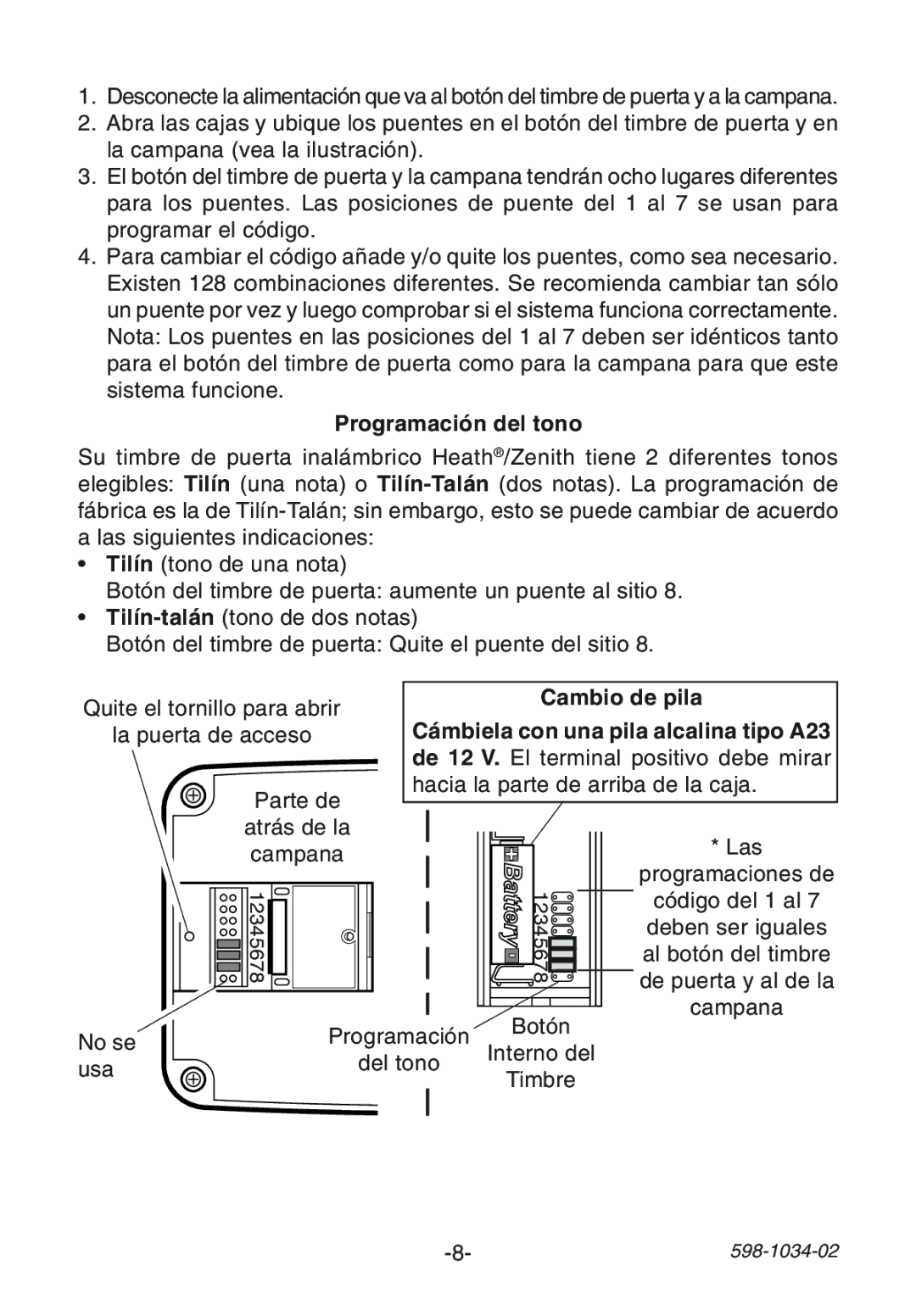 Desa 598-1034-02 manual Programación del tono 