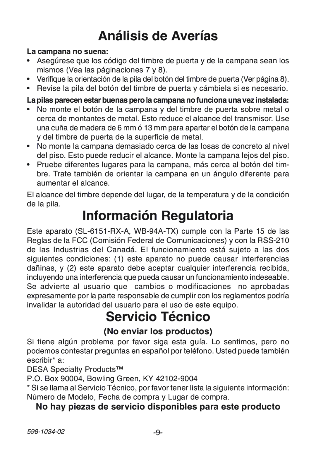 Desa 598-1034-02 manual Análisis de Averías, Información Regulatoria, Servicio Técnico, La campana no suena 