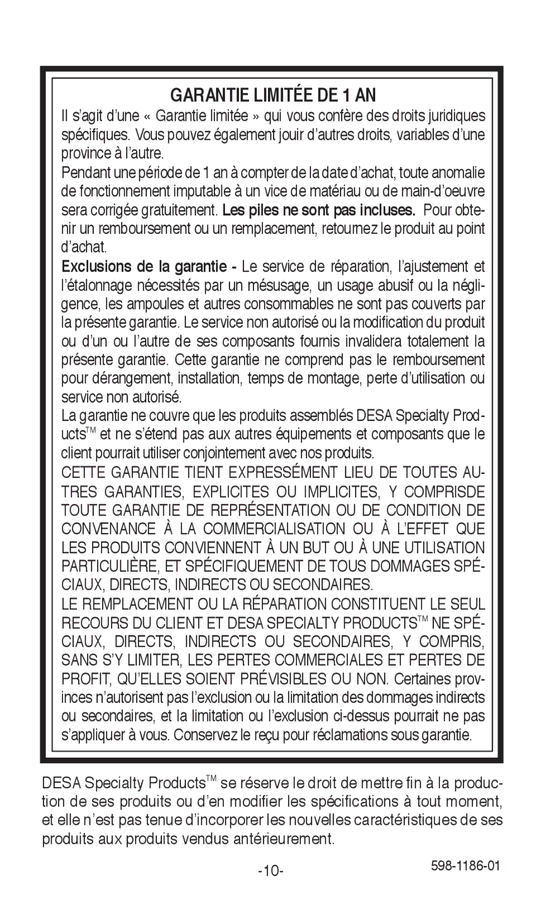 Desa 598-1186-01 installation instructions Garantie Limitée DE 1 AN 