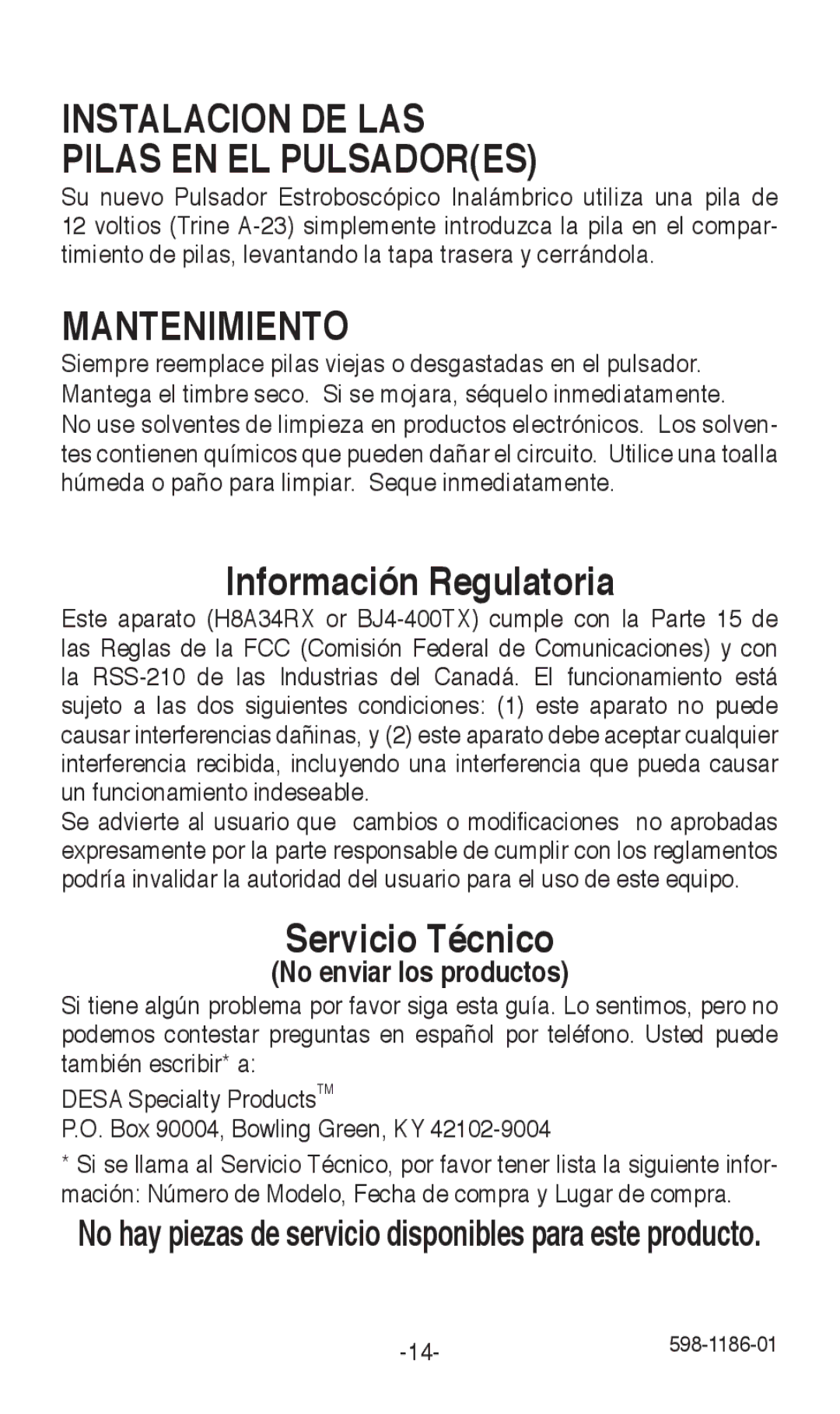 Desa 598-1186-01 installation instructions Instalacion DE LAS Pilas EN EL Pulsadores, Mantenimiento 