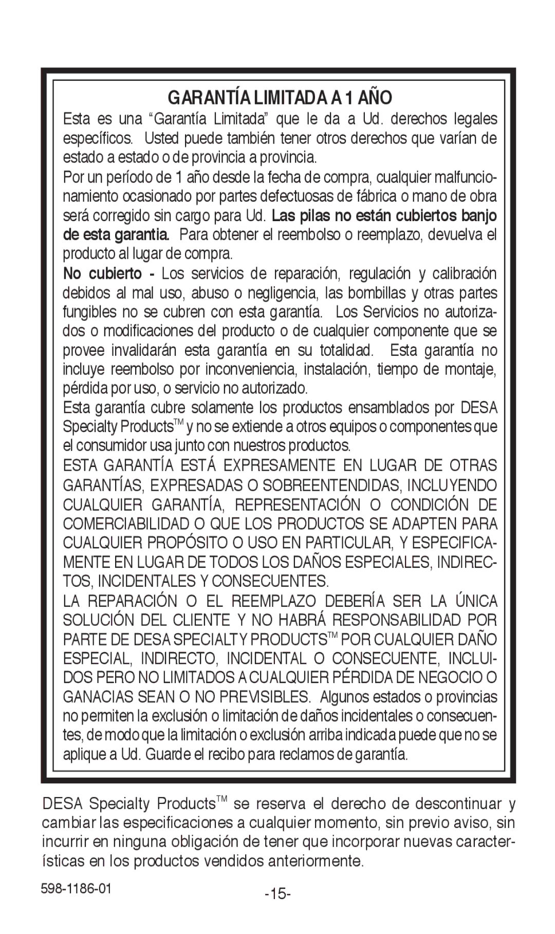 Desa 598-1186-01 installation instructions Garantía Limitada a 1 AÑO 