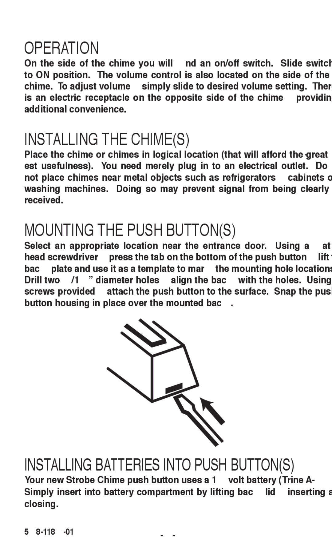 Desa 598-1186-01 installation instructions Operation, Installing the Chimes, Mounting the Push Buttons 