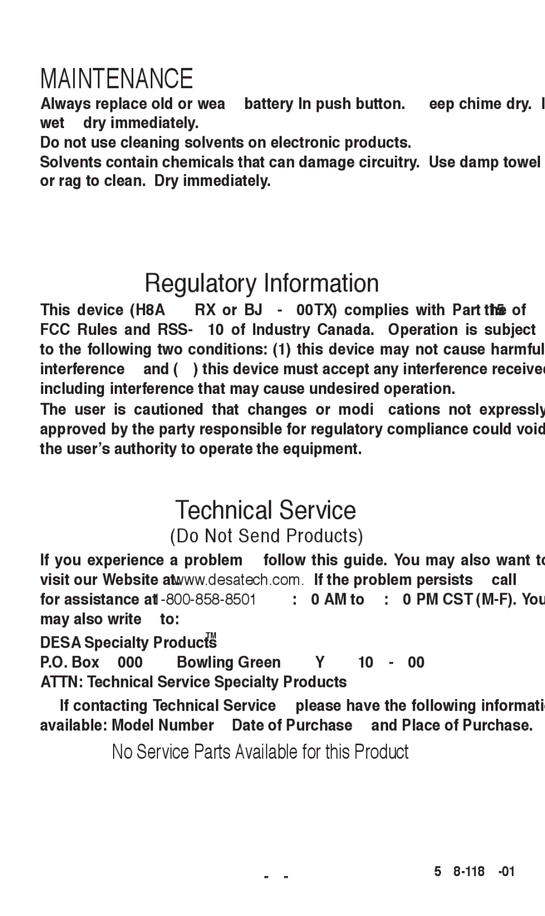 Desa 598-1186-01 installation instructions Maintenance, Regulatory Information 