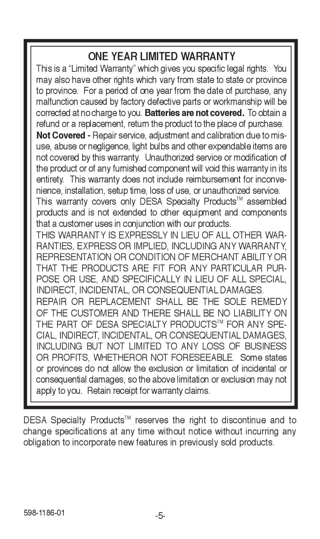 Desa 598-1186-01 installation instructions ONE Year Limited Warranty 