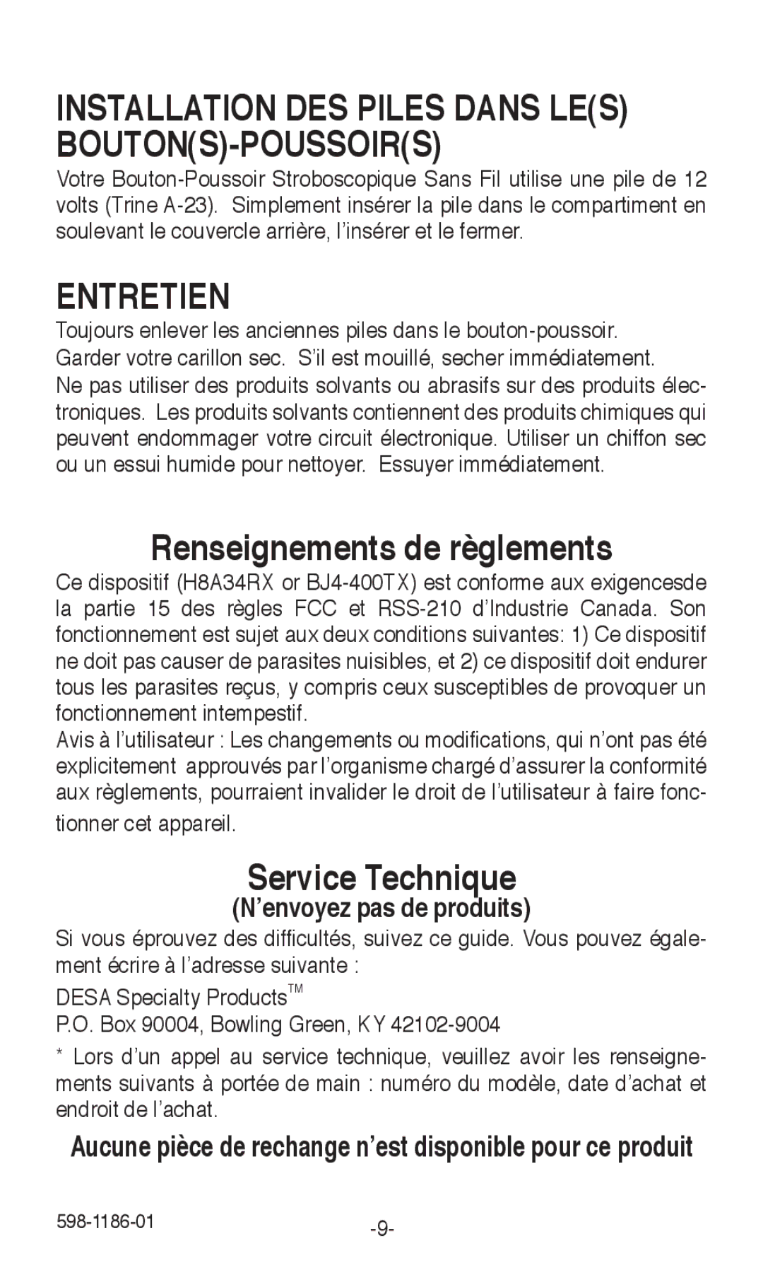 Desa 598-1186-01 installation instructions Installation DES Piles Dans LES BOUTONS-POUSSOIRS, Entretien 