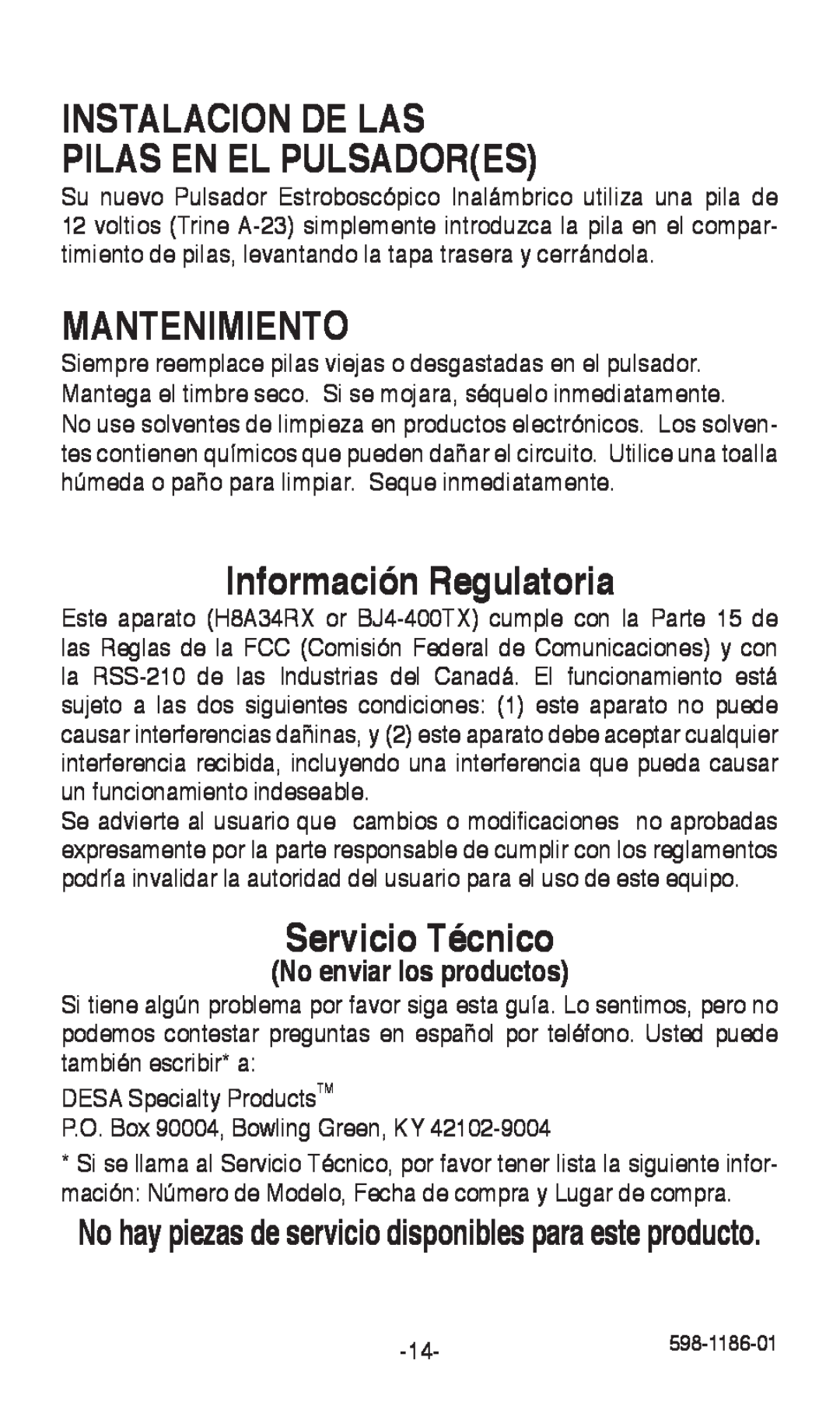 Desa 598-1186-01 Instalacion De Las Pilas En El Pulsadores, Mantenimiento, Información Regulatoria, Servicio Técnico 