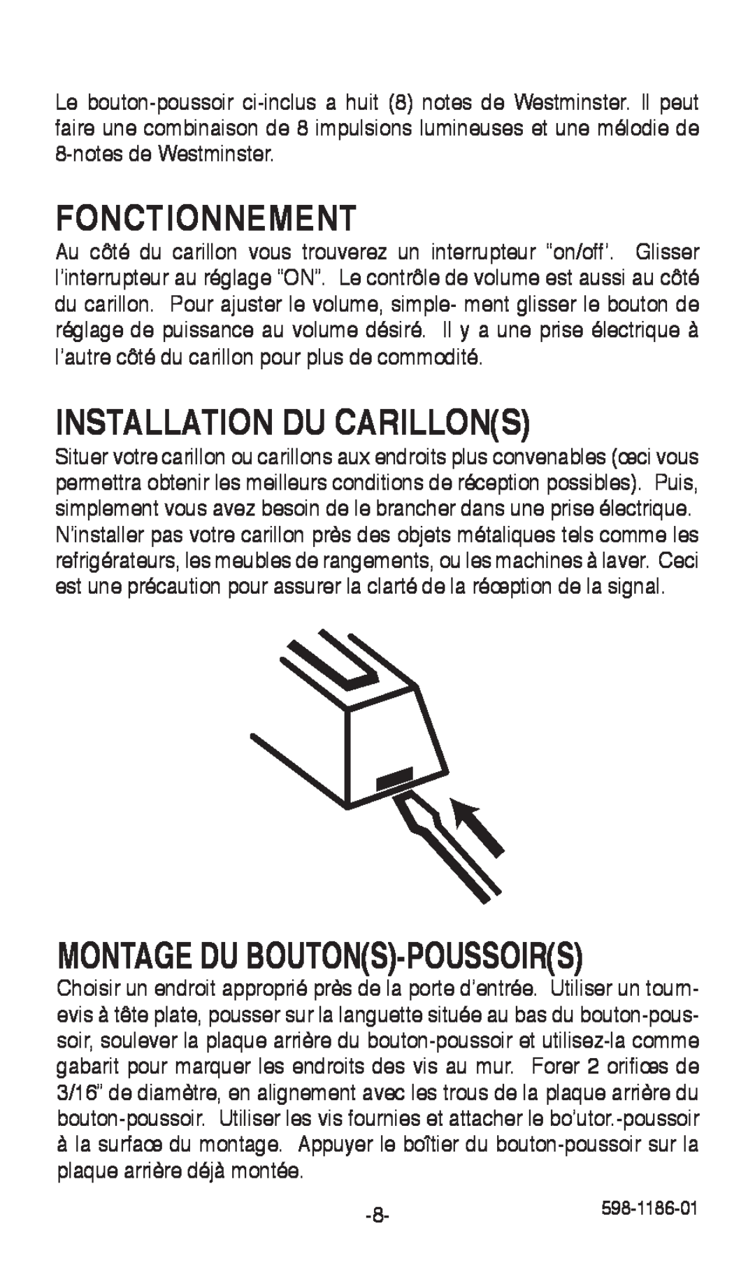 Desa 598-1186-01 installation instructions Fonctionnement, Installation Du Carillons, Montage Du Boutons-Poussoirs 