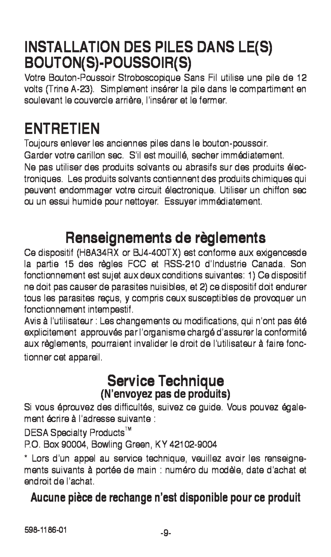 Desa 598-1186-01 Installation Des Piles Dans Les Boutons-Poussoirs, Entretien, Renseignements de règlements 