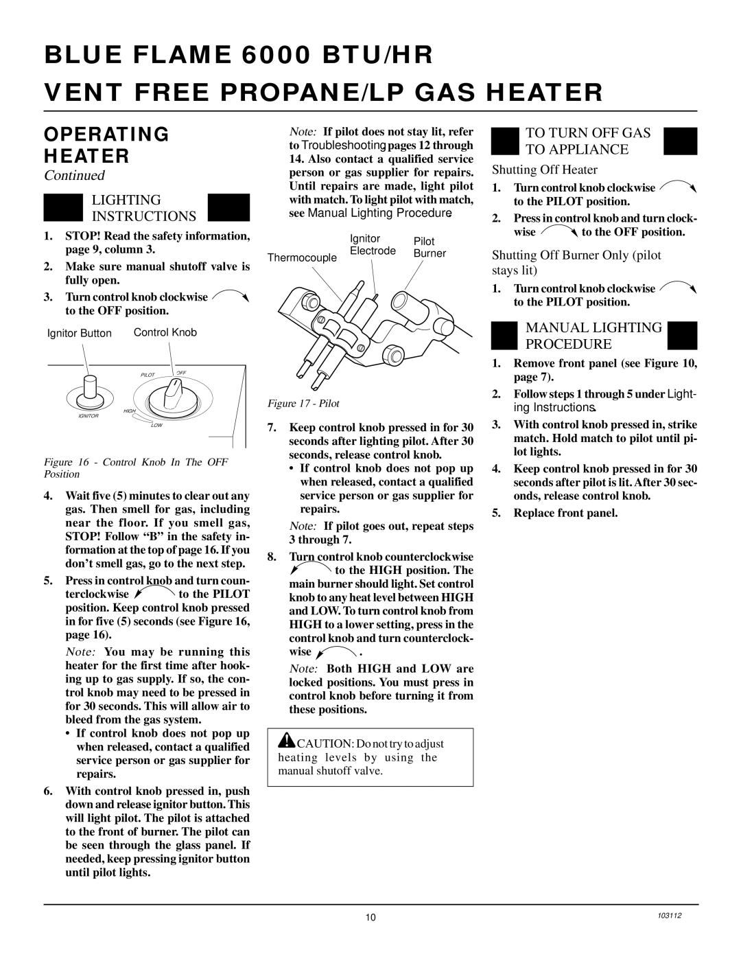 Desa 6000 BTU/HR Lighting Instructions, To Turn OFF GAS To Appliance, Manual Lighting Procedure, Shutting Off Heater 