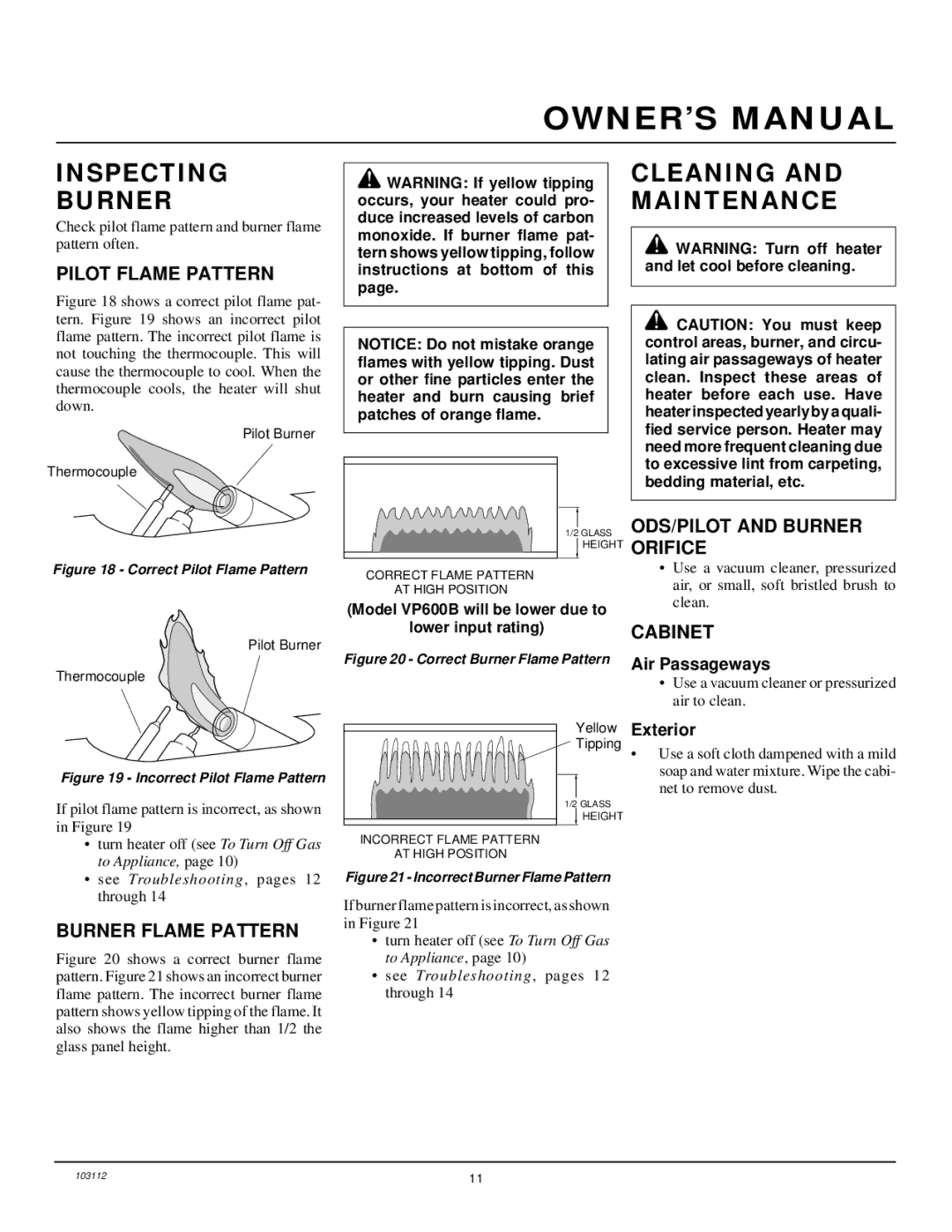 Desa 6000 BTU/HR installation manual Inspecting Burner, Cleaning and Maintenance 