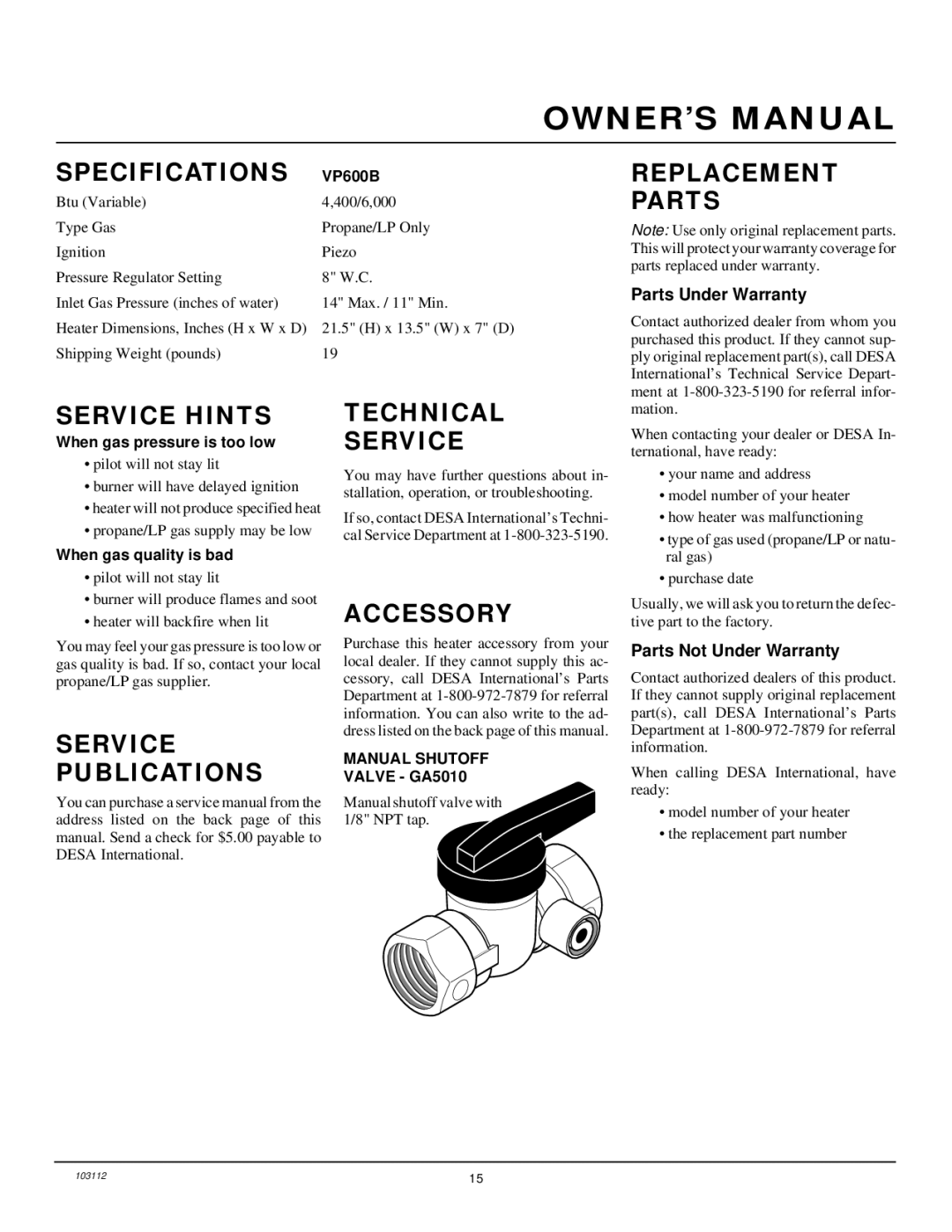 Desa 6000 BTU/HR Specifications, Replacement Parts, Service Hints, Service Publications Technical, Accessory 