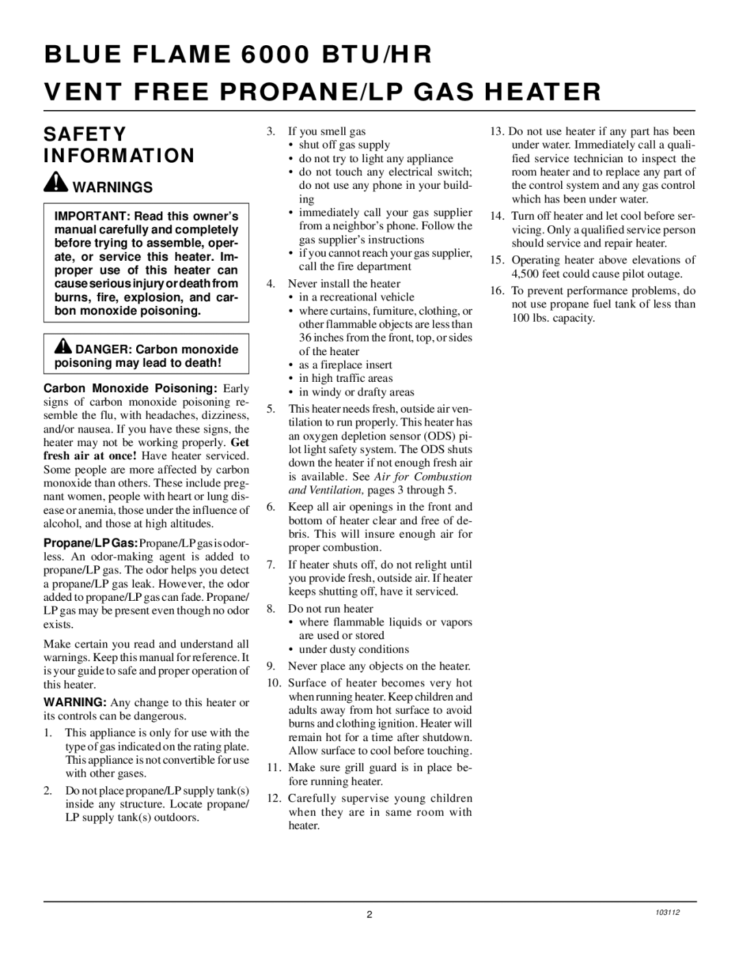 Desa installation manual Blue Flame 6000 BTU/HR Vent Free PROPANE/LP GAS Heater, Safety Information 