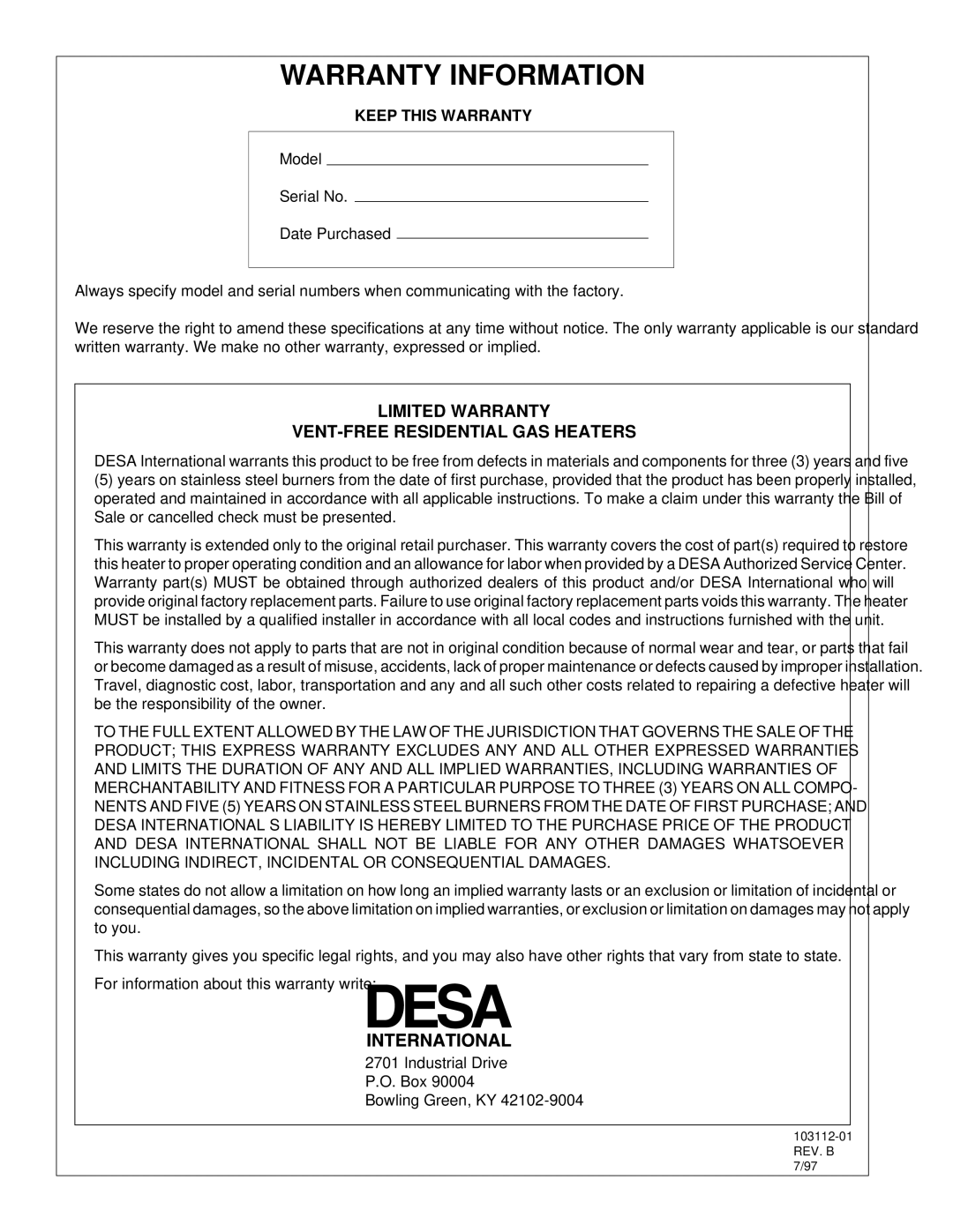 Desa 6000 BTU/HR installation manual Warranty Information, Keep this Warranty 