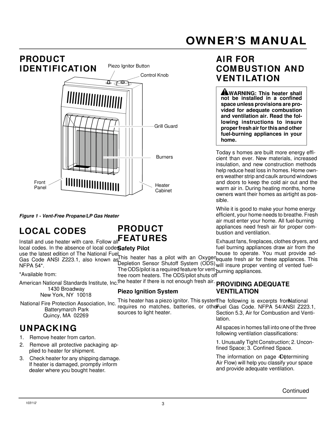 Desa 6000 BTU/HR Product Identification, AIR for Combustion and Ventilation, Local Codes, Product Features, Unpacking 