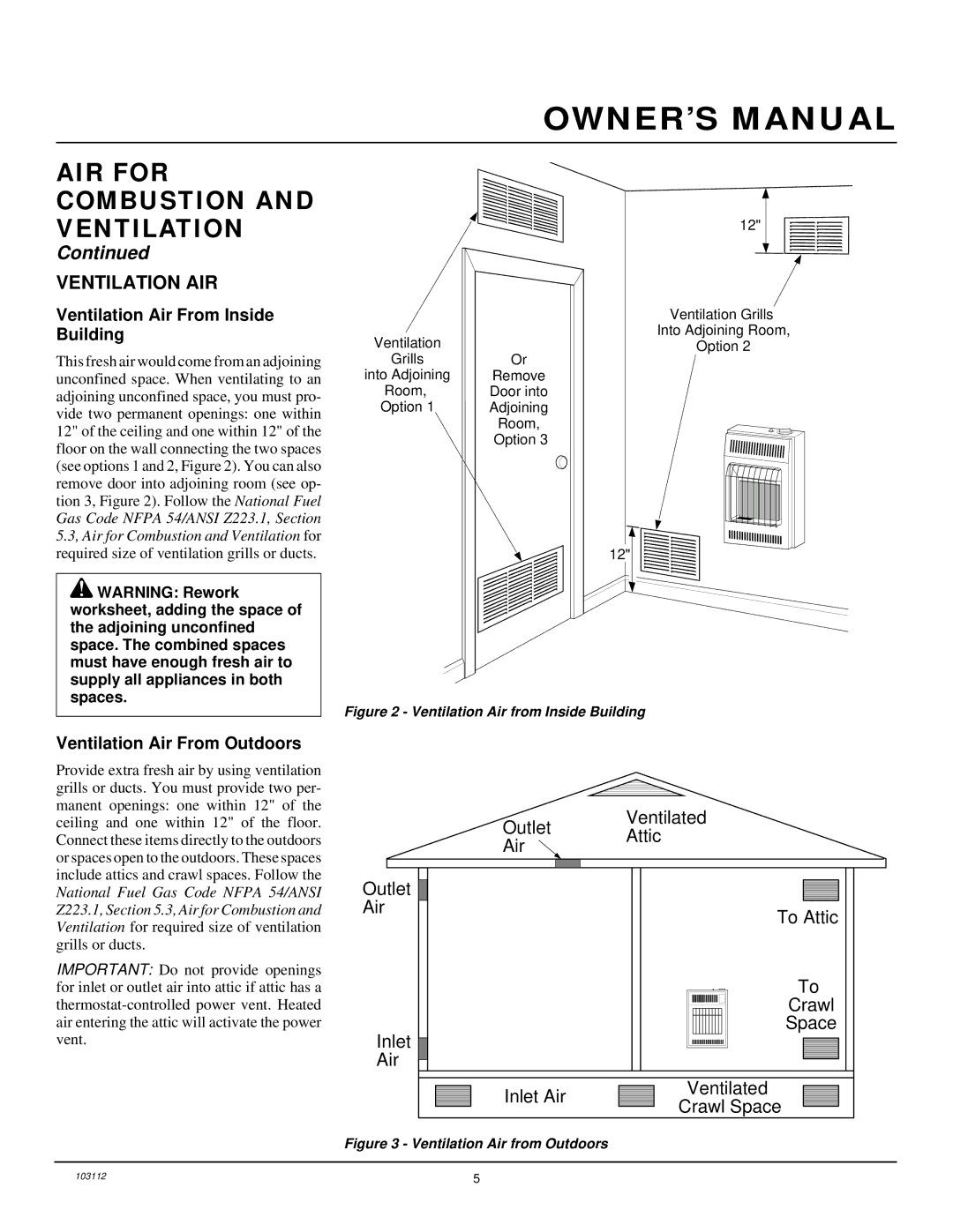 Desa 6000 BTU/HR installation manual Ventilation AIR, Ventilation Air From Inside Building, Ventilation Air From Outdoors 