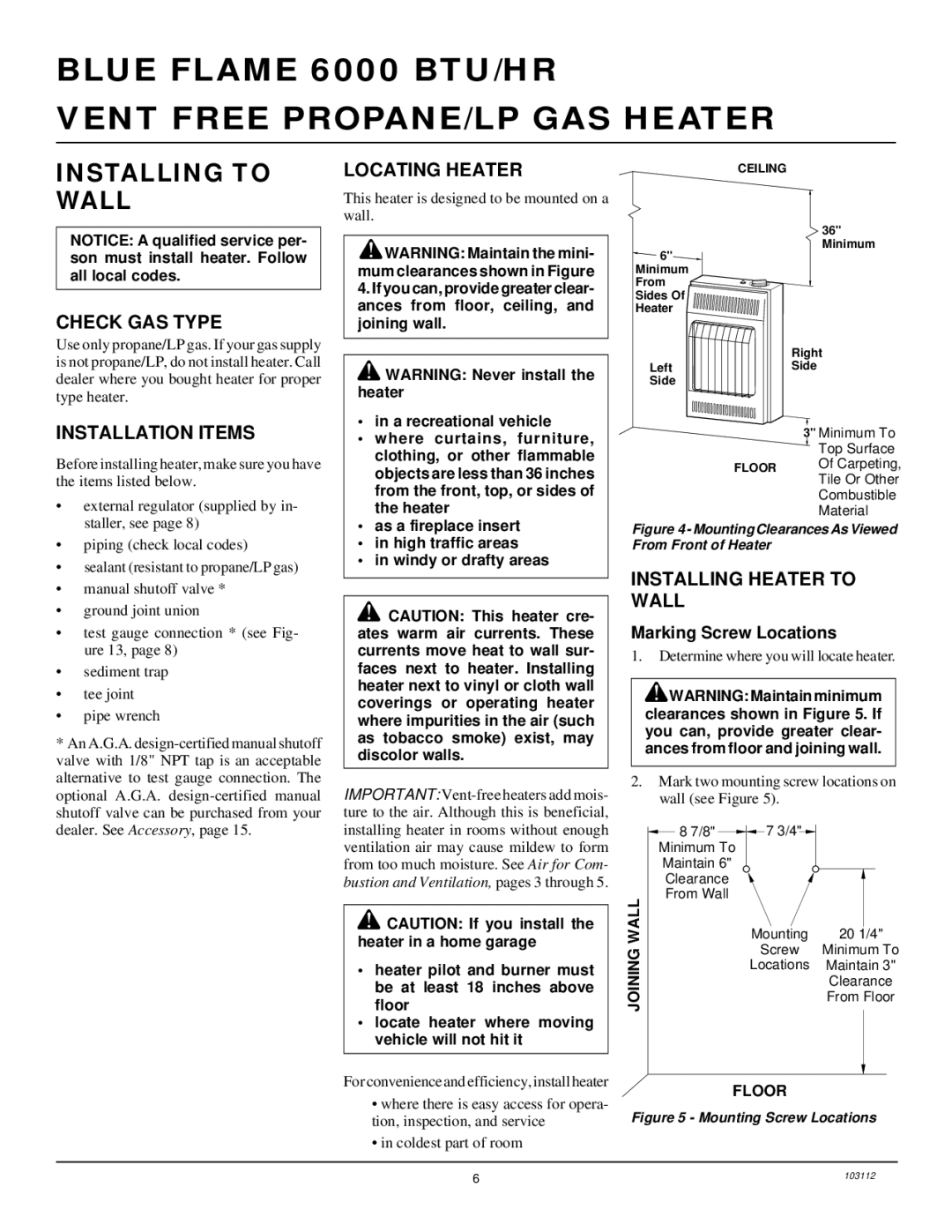 Desa 6000 BTU/HR installation manual Installing to, Wall 