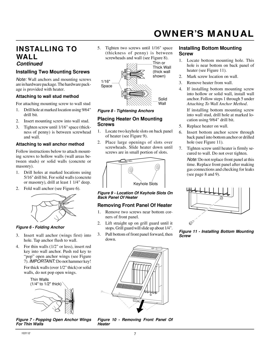 Desa 6000 BTU/HR installation manual Installing to Wall, Installing Two Mounting Screws, Placing Heater On Mounting Screws 