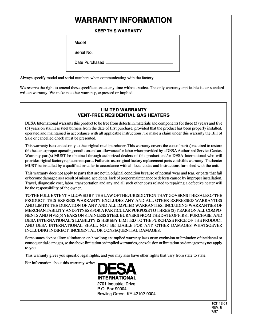 Desa 6000 BTU/HR installation manual Warranty Information, Limited Warranty Vent-Free Residential Gas Heaters 