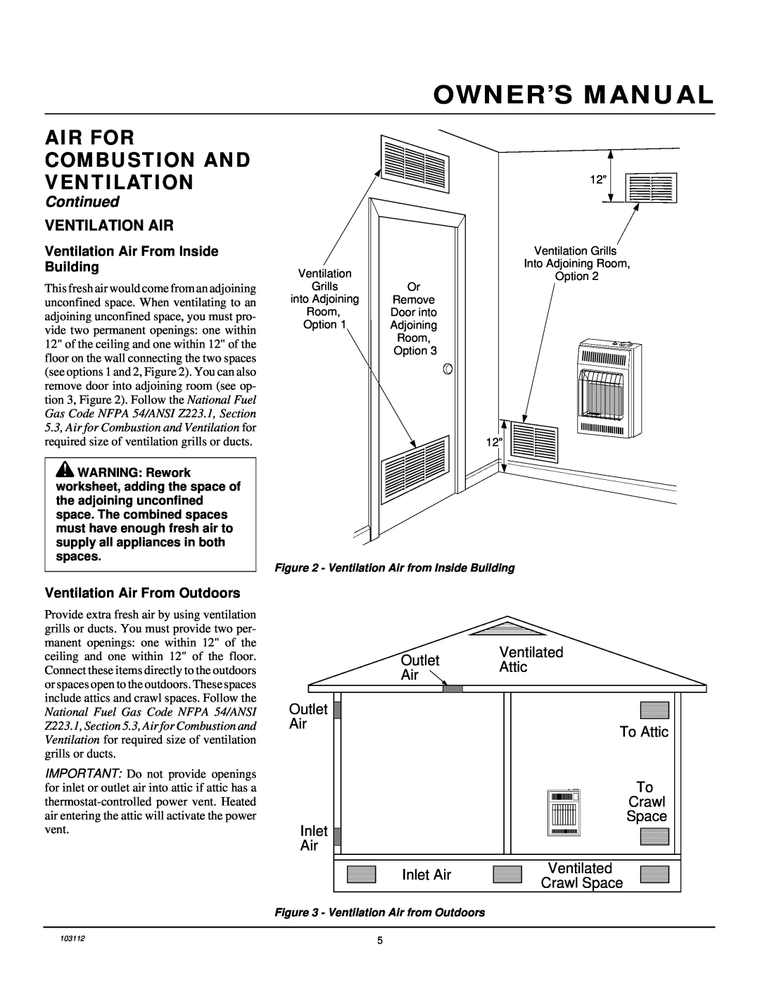 Desa 6000 BTU/HR Ventilation Air From Inside Building, Ventilation Air From Outdoors, Owner’S Manual, Continued 