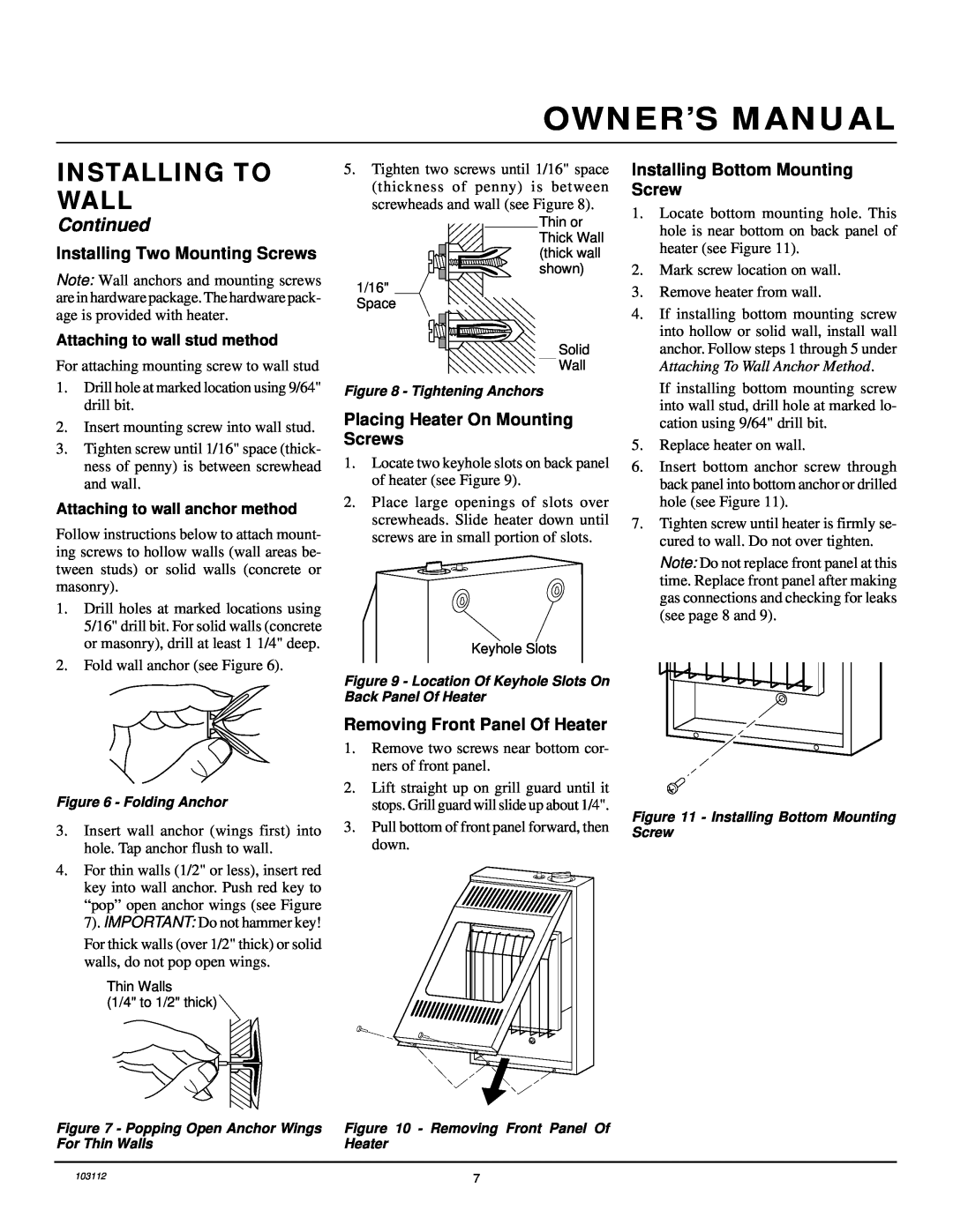 Desa 6000 BTU/HR Installing To Wall, Installing Two Mounting Screws, Placing Heater On Mounting Screws, Owner’S Manual 