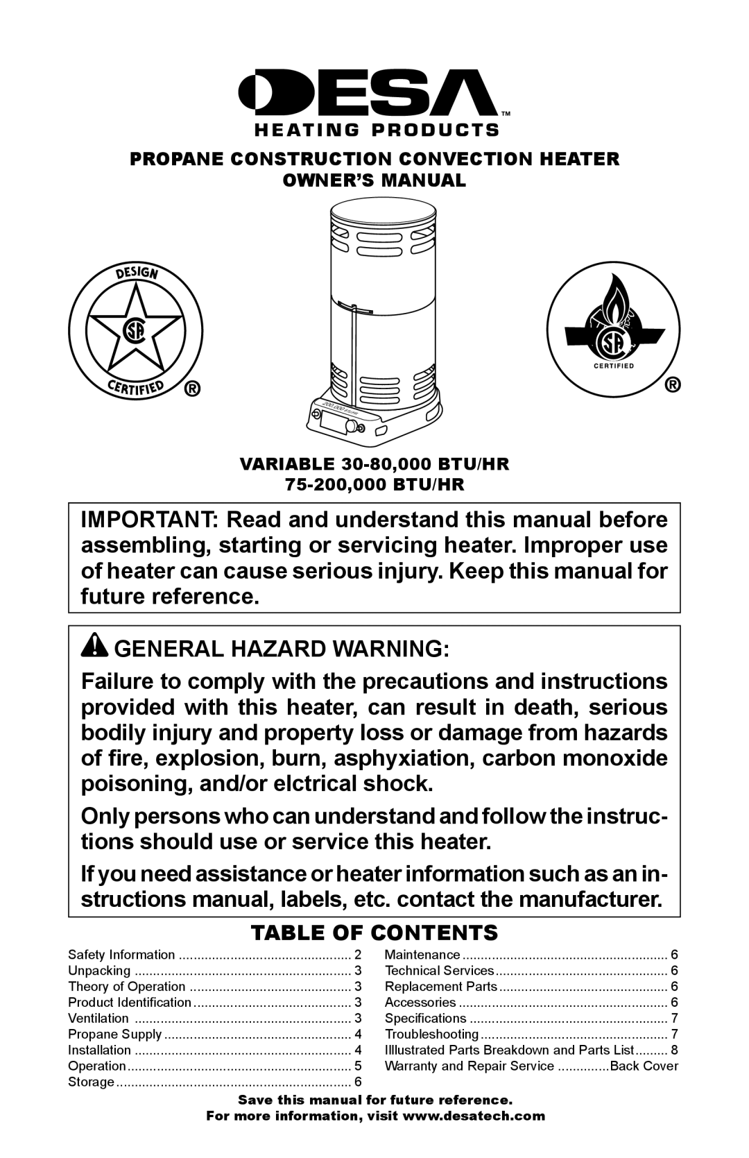 Desa 30-80, 75-200 owner manual General Hazard Warning, Table of Contents 