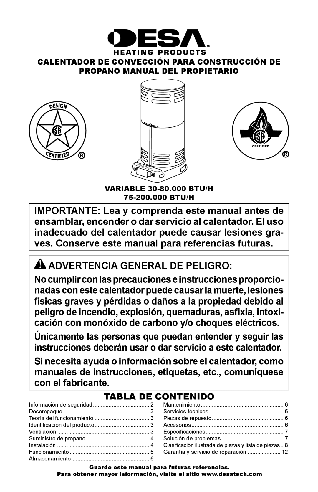 Desa 30-80, 75-200 owner manual Advertencia General DE Peligro, Tabla DE Contenido 