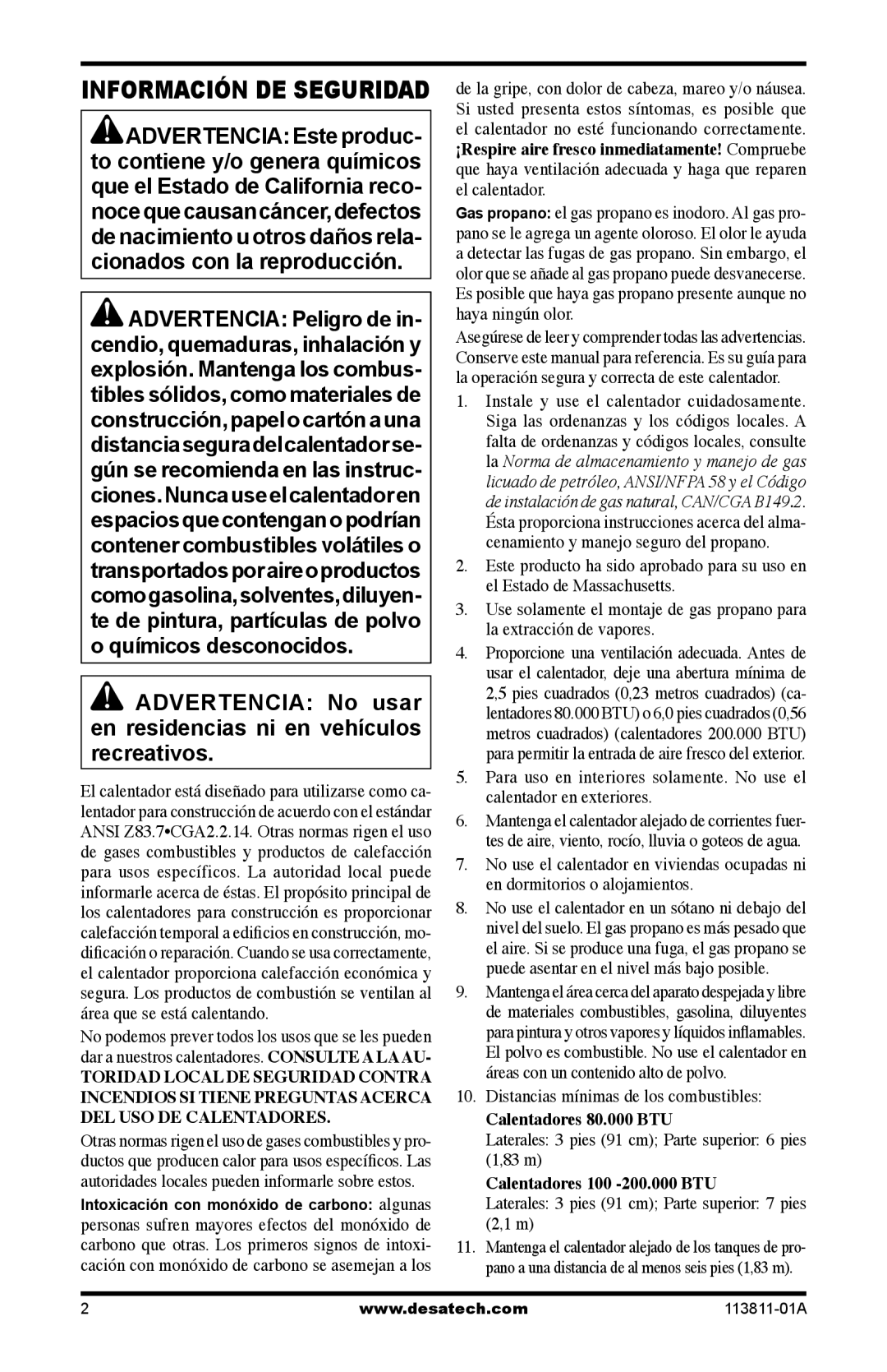 Desa 75-200, 30-80 owner manual Distancias mínimas de los combustibles, Laterales 3 pies 91 cm Parte superior 6 pies 1,83 m 