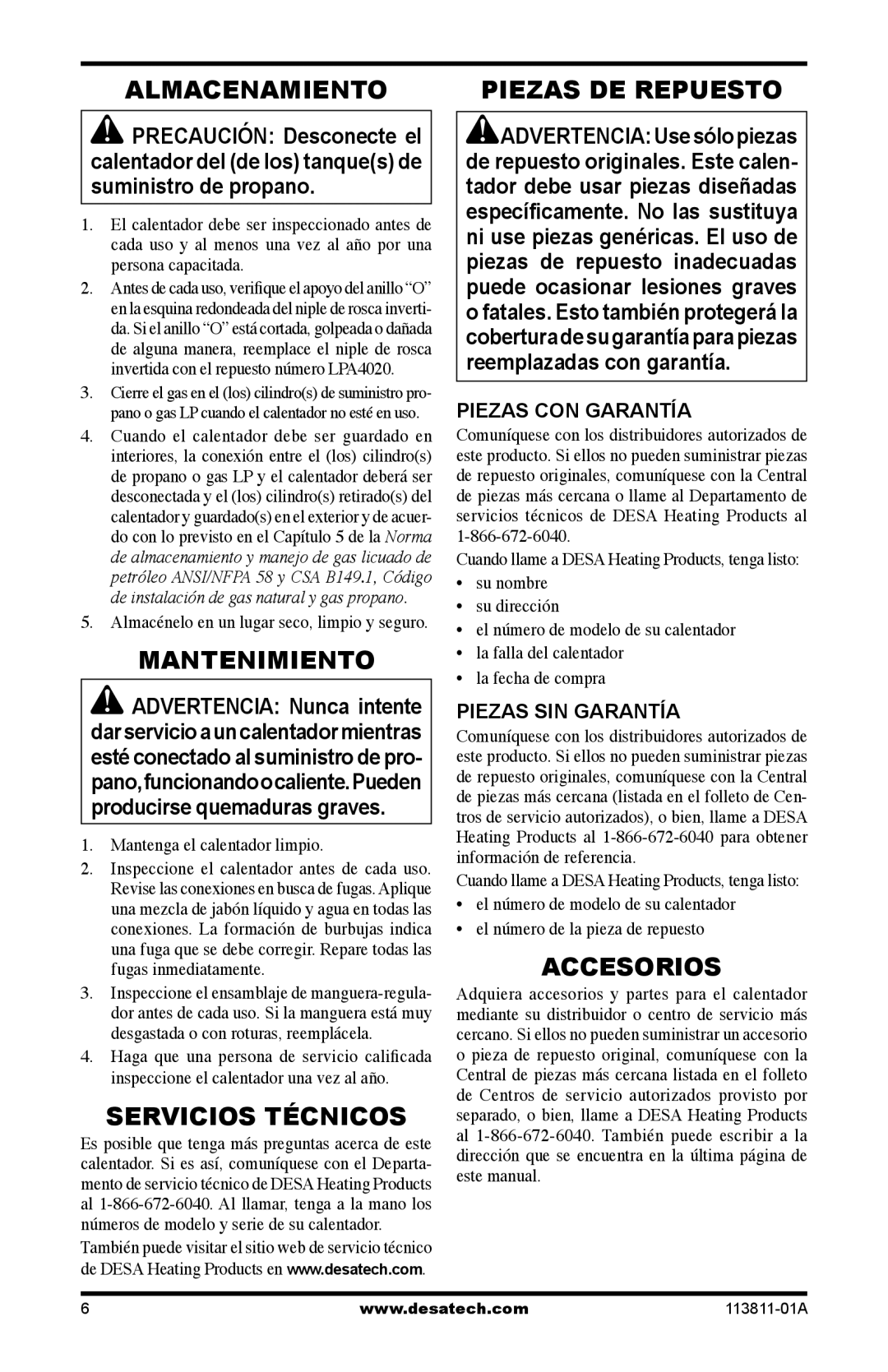 Desa 75-200, 30-80 owner manual Almacenamiento, Mantenimiento, Servicios Técnicos, Accesorios, Piezas DE Repuesto 