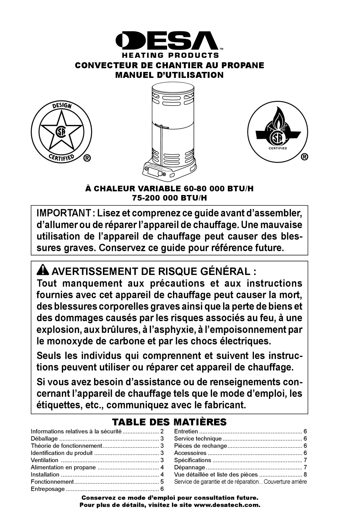 Desa 30-80, 75-200 owner manual Table DES Matières, Convecteur DE Chantier AU Propane Manuel D’UTILISATION 