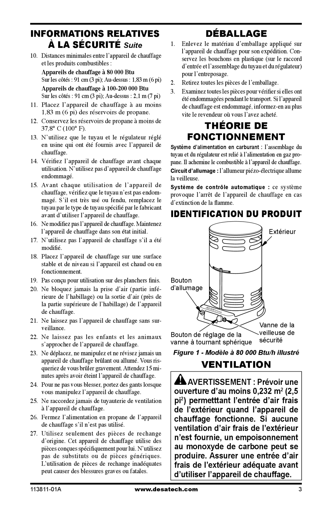 Desa 30-80, 75-200 owner manual Déballage, Théorie DE Fonctionnement, Identification DU Produit, Lʼappareil de chauffage 