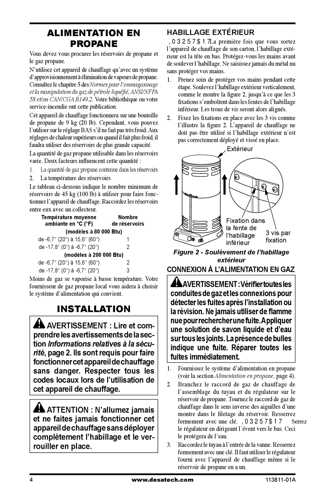 Desa 75-200, 30-80 owner manual Alimentation EN Propane, Habillage Extérieur, Connexion À L’ALIMENTATION EN GAZ 